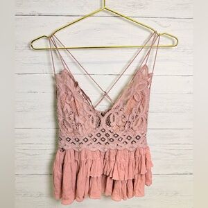 Free People Pink Lace Ruffled Camisole L